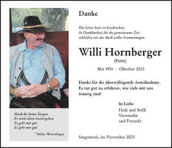 Traueranzeige von Willi Hornberger von Wochenspiegel