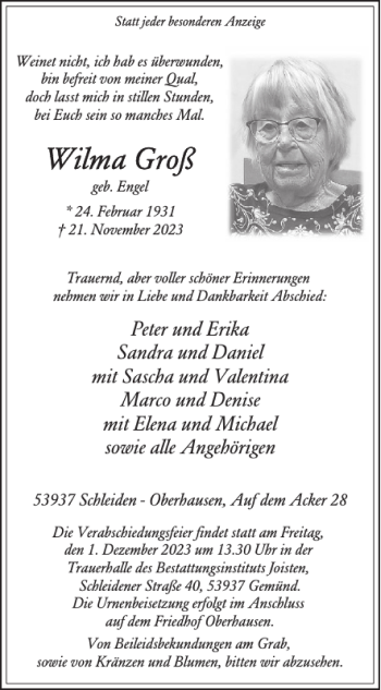 Traueranzeige von Wilma Groß von Wochenspiegel