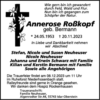 Traueranzeige von Annerose Roßkopf von Wochenspiegel