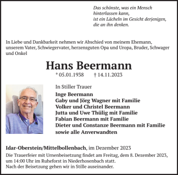 Traueranzeige von Hans Beermann von Wochenspiegel