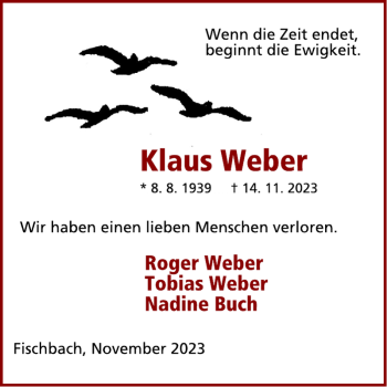 Traueranzeige von Klaus Weber von Wochenspiegel
