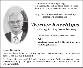 Traueranzeige von Werner Knechtges von Wochenspiegel