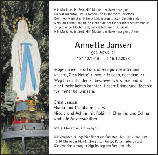 Traueranzeige von Annette Jansen von WochenSpiegel