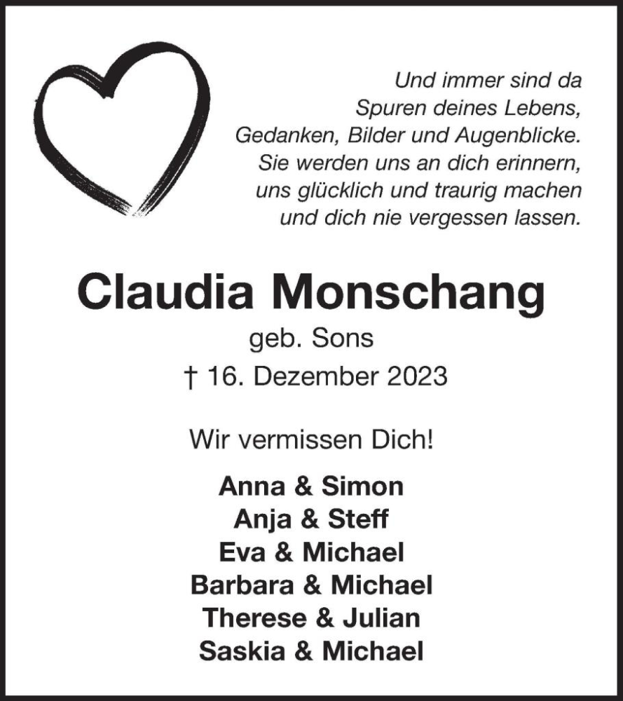  Traueranzeige für Claudia Monschang vom 20.12.2023 aus WochenSpiegel