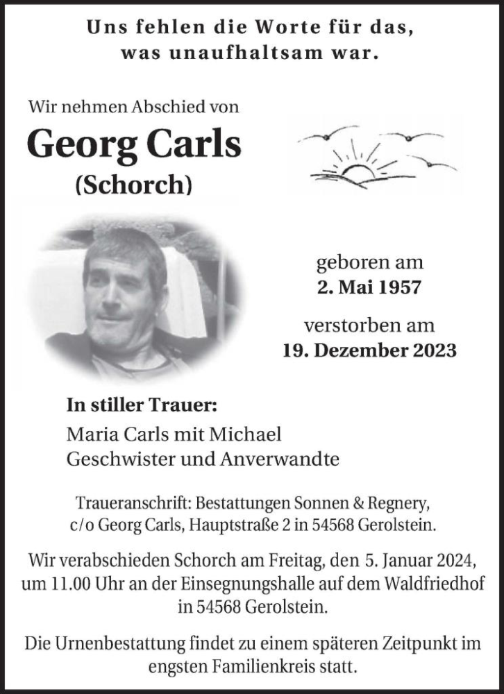  Traueranzeige für Georg Carls vom 30.12.2023 aus WochenSpiegel