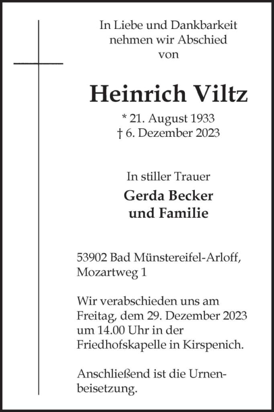 Traueranzeige von Heinrich Viltz von WochenSpiegel