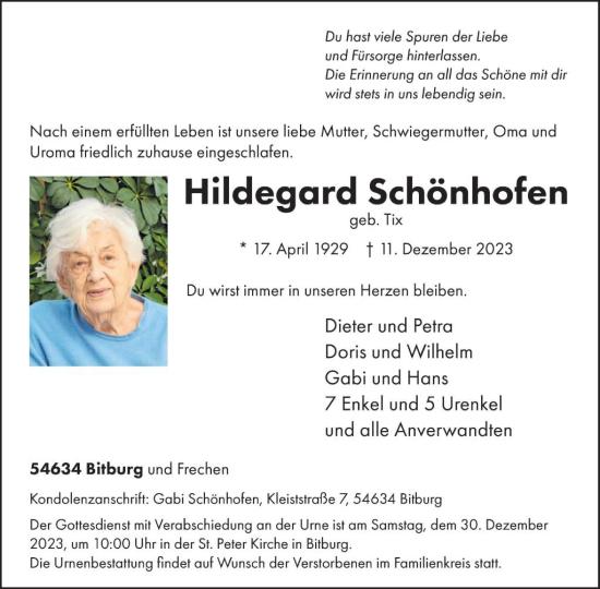 Traueranzeige von Hildegard Schönhofen von WochenSpiegel