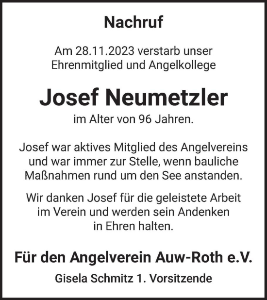 Traueranzeige von Josef Neumetzler von WochenSpiegel