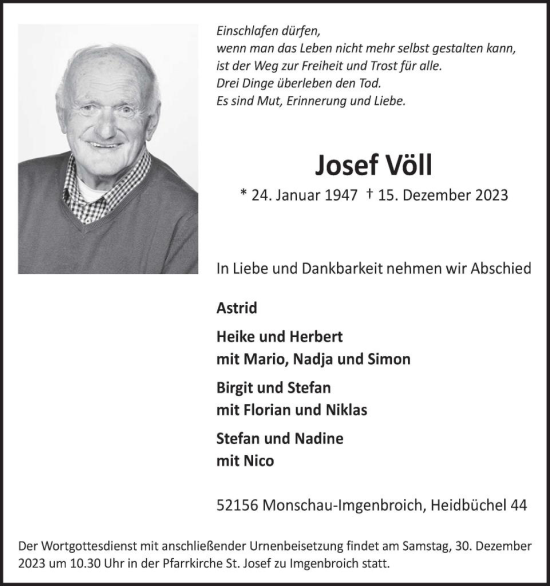 Traueranzeige von Josef Völl von WochenSpiegel