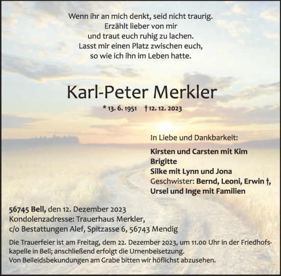 Traueranzeige von Karl-Peter Merkler von WochenSpiegel