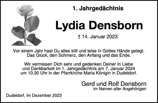 Traueranzeige von Lydia Densborn von WochenSpiegel