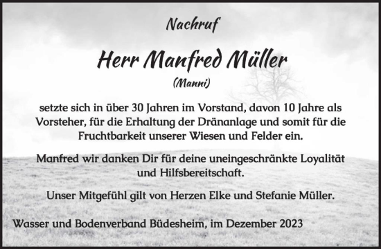 Traueranzeige von Manfred Müller von WochenSpiegel