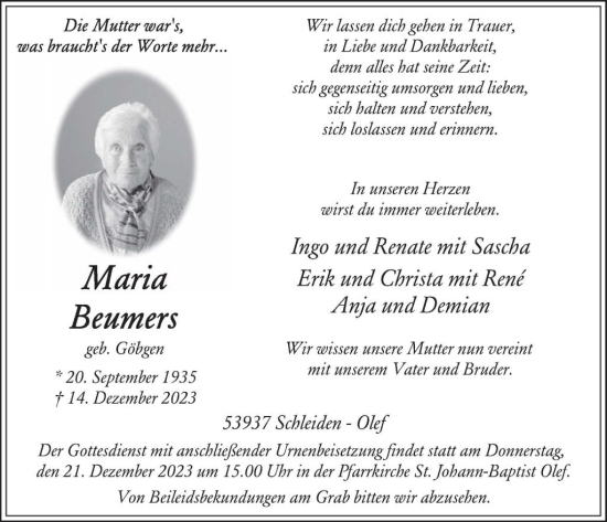 Traueranzeige von Maria Beumers von WochenSpiegel