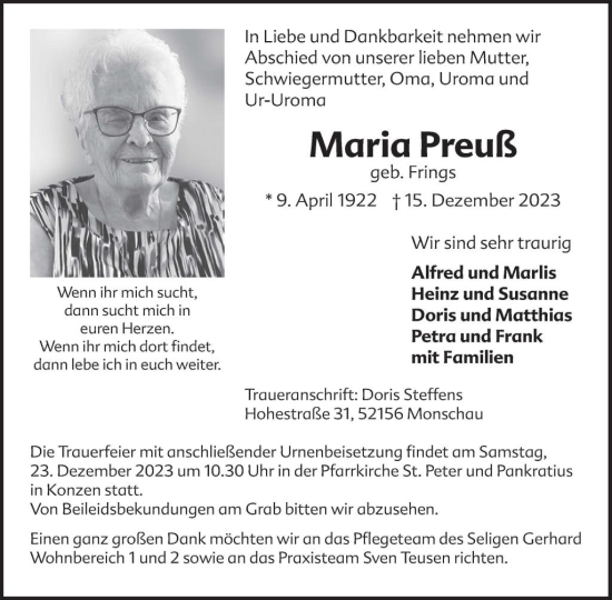 Traueranzeige von Maria Preuß von WochenSpiegel