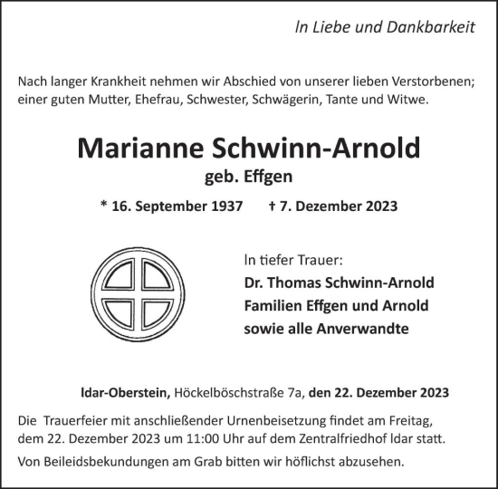 Traueranzeige von Marianne Schwinn-Arnold von WochenSpiegel