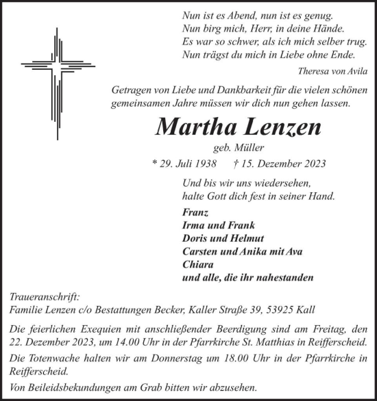 Traueranzeige von Martha Lenzen von WochenSpiegel