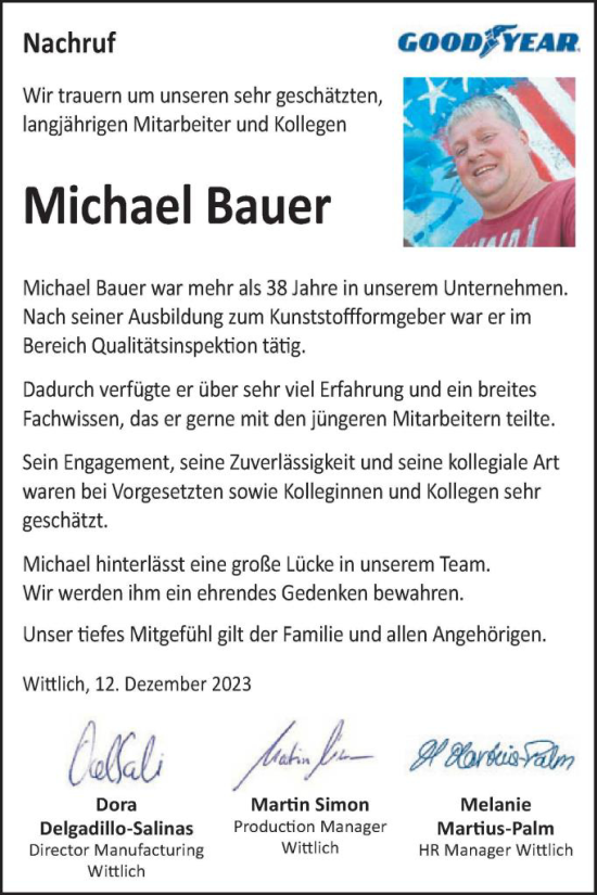 Traueranzeige von Michael Bauer von WochenSpiegel