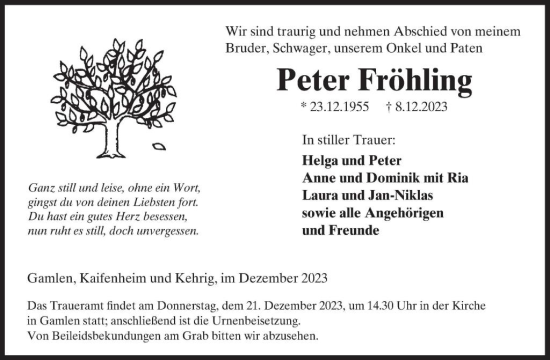 Traueranzeige von Peter Fröhling von WochenSpiegel