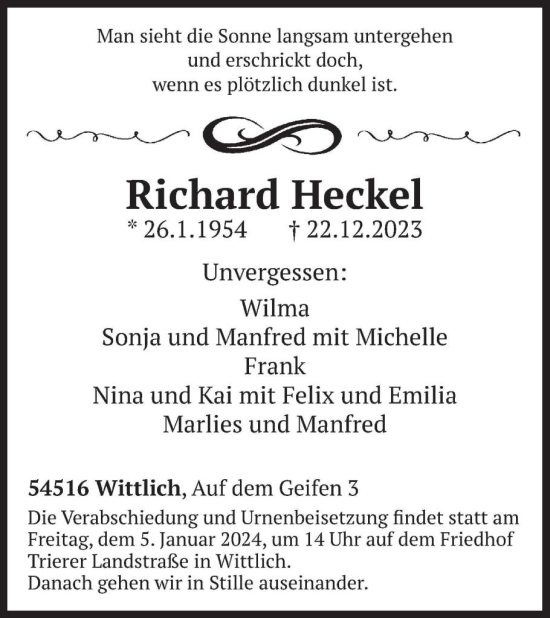 Traueranzeige von Richard Heckel von WochenSpiegel