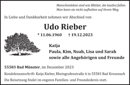 Traueranzeige von Udo Rieber von WochenSpiegel