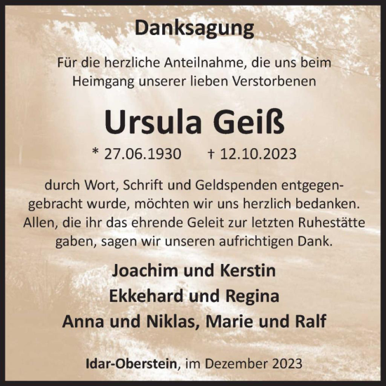 Traueranzeige von Ursula Geiß von WochenSpiegel