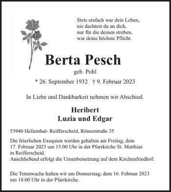 Traueranzeige von Berta Pesch von WochenSpiegel