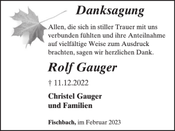 Traueranzeige von Danksagung Rolf Gauger von WochenSpiegel