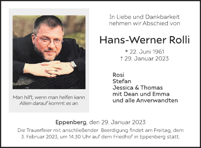  Traueranzeige für Hans-Werner Rolli vom 01.02.2023 aus WochenSpiegel