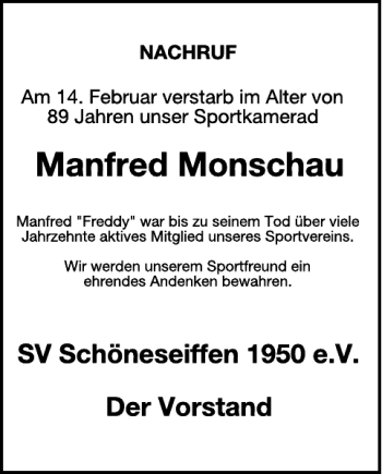 Traueranzeige von Manfred Monschau von WochenSpiegel