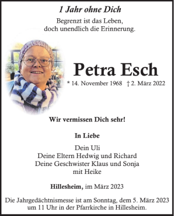 Traueranzeige von Petra Esch von WochenSpiegel