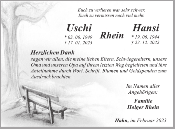 Traueranzeige von Uschi und Hansi Rhein von WochenSpiegel