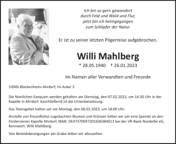 Traueranzeige von Willi Mahlberg von WochenSpiegel