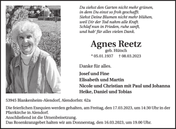 Traueranzeige von Agnes Reetz von WochenSpiegel