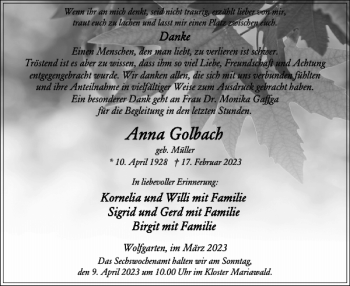 Traueranzeige von Anna Golbach von WochenSpiegel