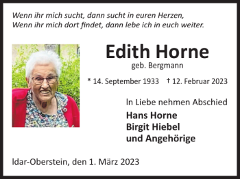 Traueranzeige von Edith Horne von WochenSpiegel