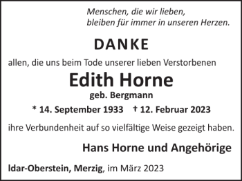 Traueranzeige von Edith Horne von WochenSpiegel