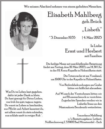 Traueranzeige von Elisabeth Mahlberg von WochenSpiegel