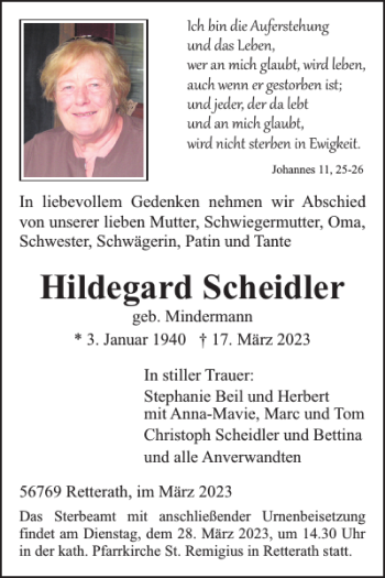 Traueranzeige von Hildegard Scheidler von WochenSpiegel