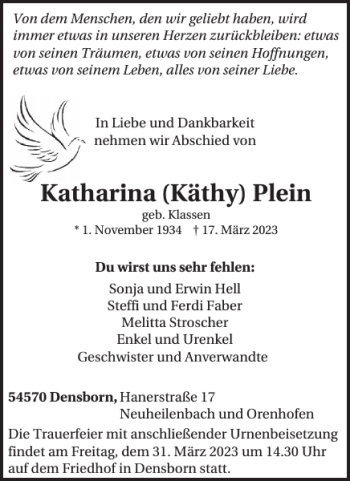 Traueranzeige von Katharina Käthy Plein von WochenSpiegel