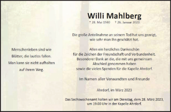 Traueranzeige von Willi Mahlberg von WochenSpiegel