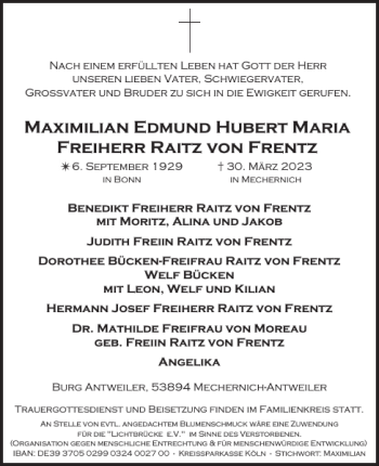 Traueranzeige von Maximilian Edmund Hubert Maria Freiherr Raitz von Frentz  von WochenSpiegel