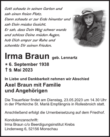 Traueranzeige von Kondolenzanschrift Irma Braunco Beerdigungsinstitut Krebs Lindenweg Monschau  von WochenSpiegel