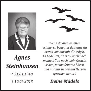 Traueranzeige von Agnes Steinhausen von WochenSpiegel