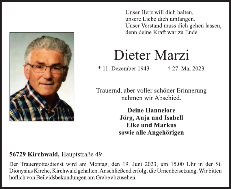 Traueranzeige für Dieter Marzi vom 07.06.2023 aus WochenSpiegel
