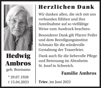 Traueranzeige von Hedwig Ambros von WochenSpiegel