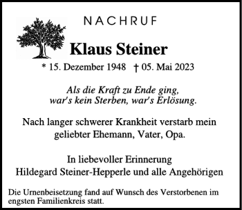 Traueranzeige von Klaus Steiner von WochenSpiegel