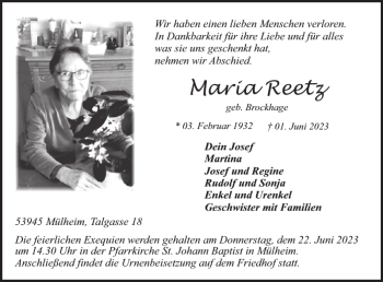 Traueranzeige von Maria Reetz von WochenSpiegel