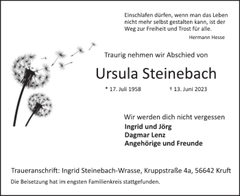 Traueranzeige von Ursula Steinebach von WochenSpiegel