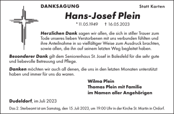 Traueranzeige von Hans-Josef Plein von WochenSpiegel