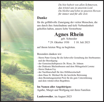 Traueranzeige von Agnes Rhein von WochenSpiegel